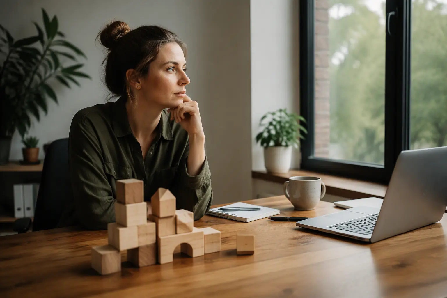 A woman at a desk with a laptop, thinking beside a small stack of wooden blocks