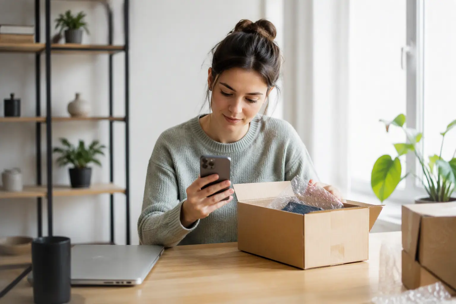 A woman checks her phone while unpacking a parcel at her desk
