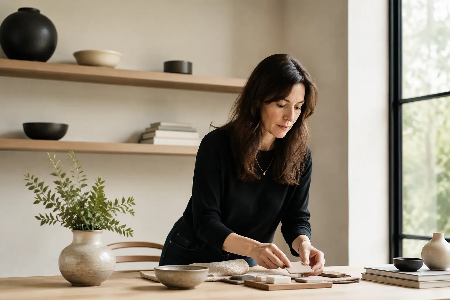 A woman carefully arranging a few small objects on a wooden table